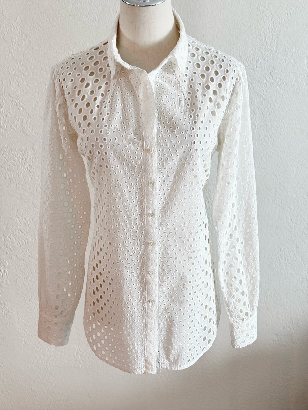 Nicole Miller Artelier White Pleated Puff Sleeve Eyelet Blouse M Cotton Boho